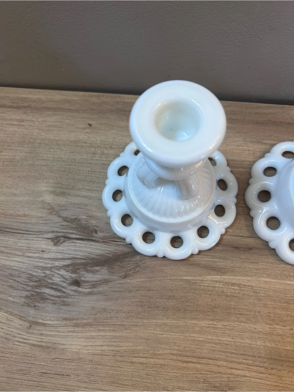 White Milk Glass Candlestick Holders - Pair